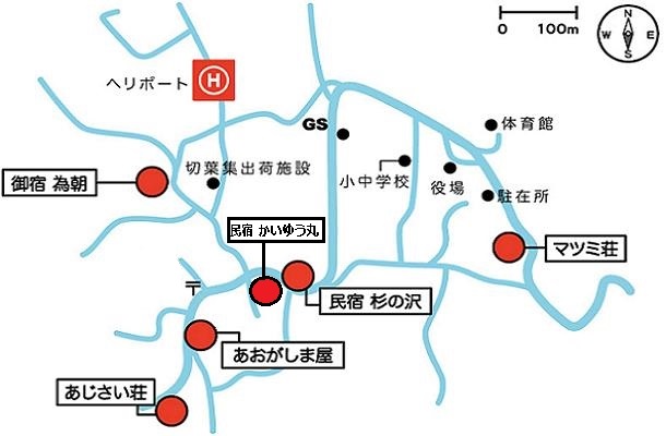 青ヶ島 岡部集落と宿の位置図 — ビジネス宿 中里はヘリポートから徒歩5分