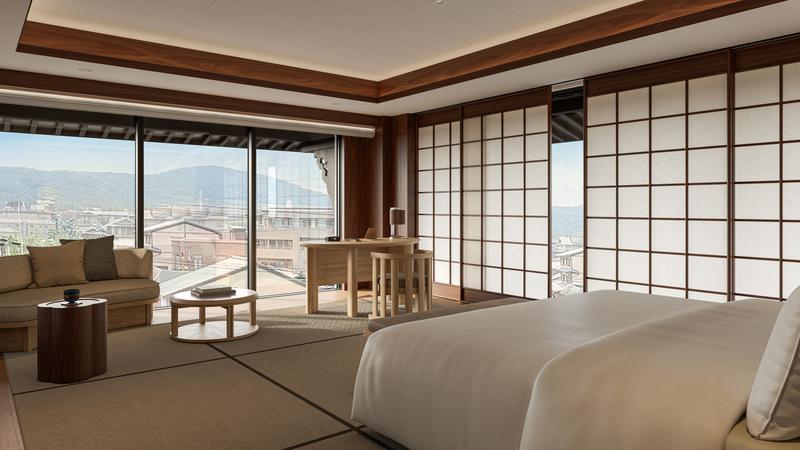 カペラ京都 — 客室から東山の稜線と京都の甍を望む、木と障子の設え