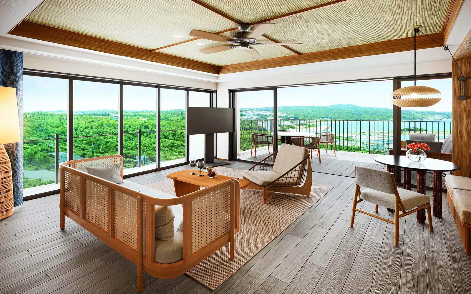 BLISSTIA SUITES & RESORT 沖縄恩納村 — 客室のリビングから奥行き3メートルのラナイと森・海の眺望が連続する半屋外空間