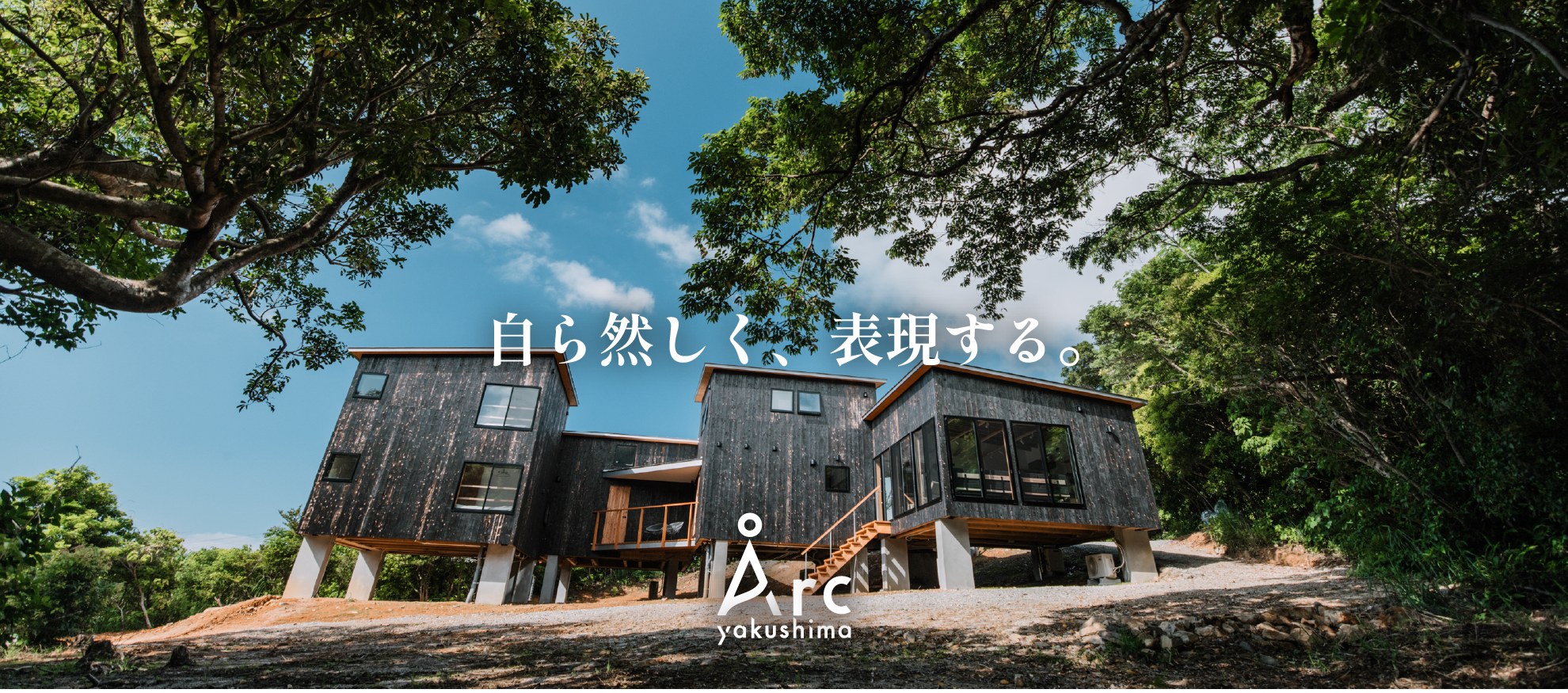 Årc yakushima — 屋久島町平内 · 照葉樹林の斜面に高床で建つ焼杉の宿棟