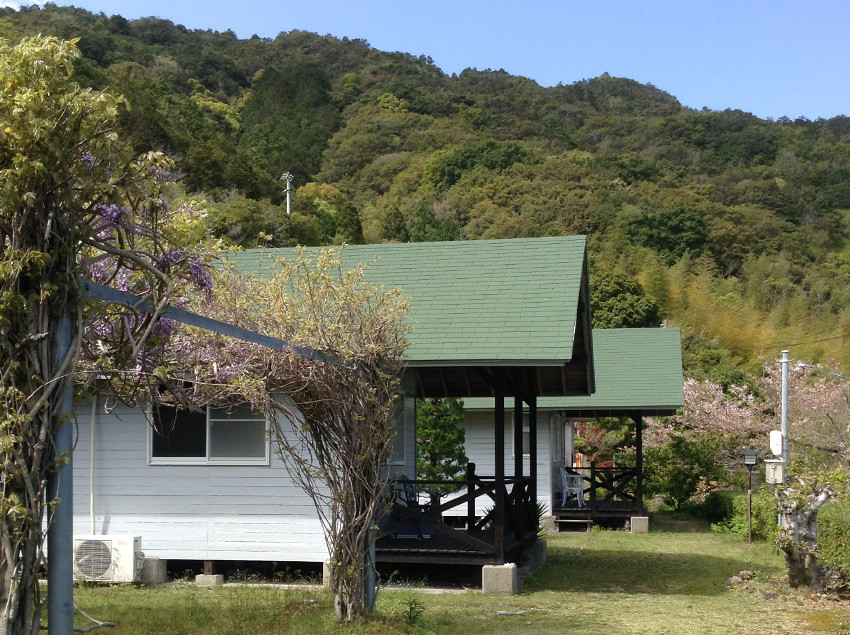ロッジ那佐 — 徳島県海陽町宍喰浦那佐 · 藤棚の向こうに並ぶ緑屋根の一棟建てロッジと背後の照葉樹の山