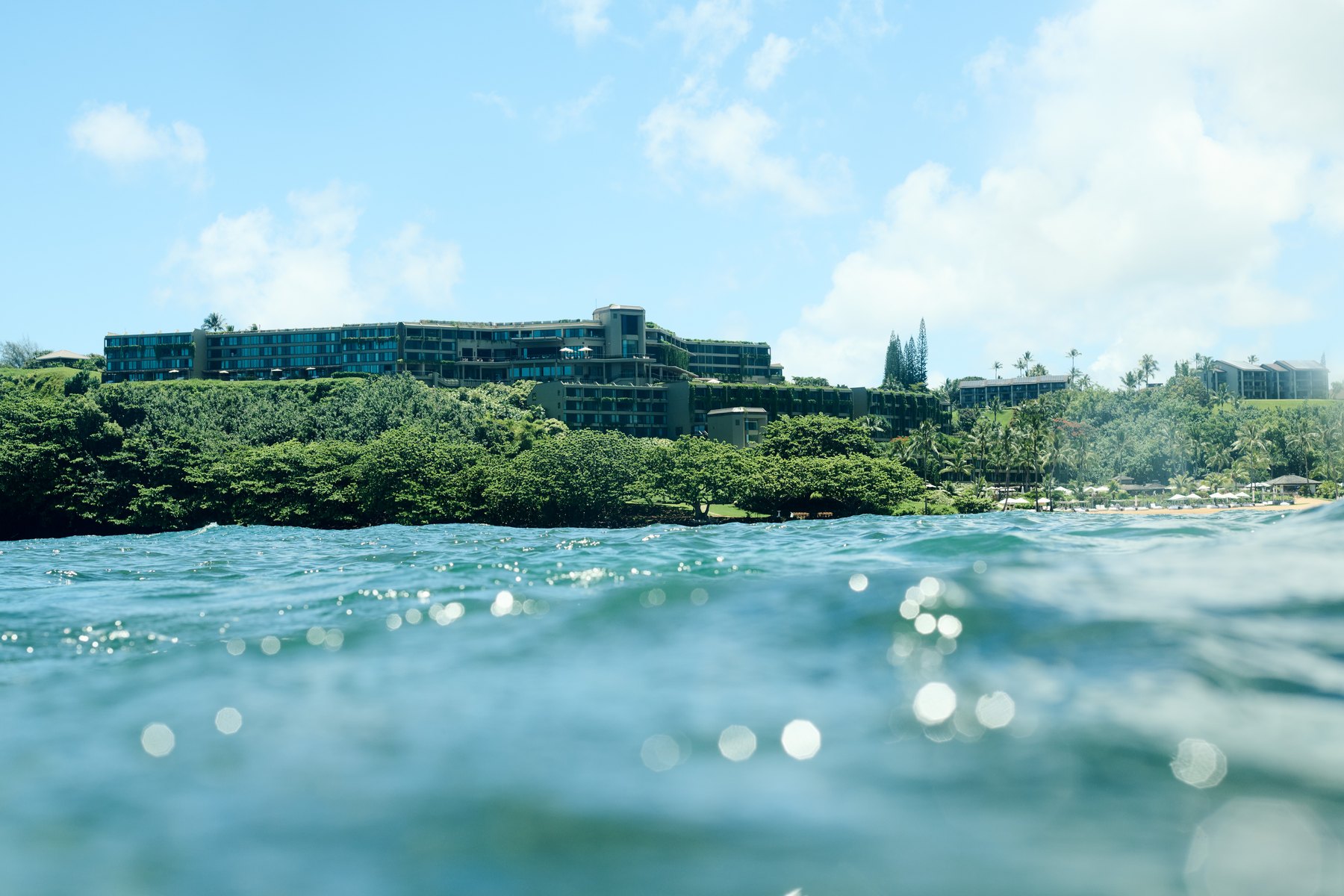 1 Hotel Hanalei Bay — カウアイ島北岸プリンスビル · 海面から見上げた、緑に覆われた崖上40mに横たわる客室棟