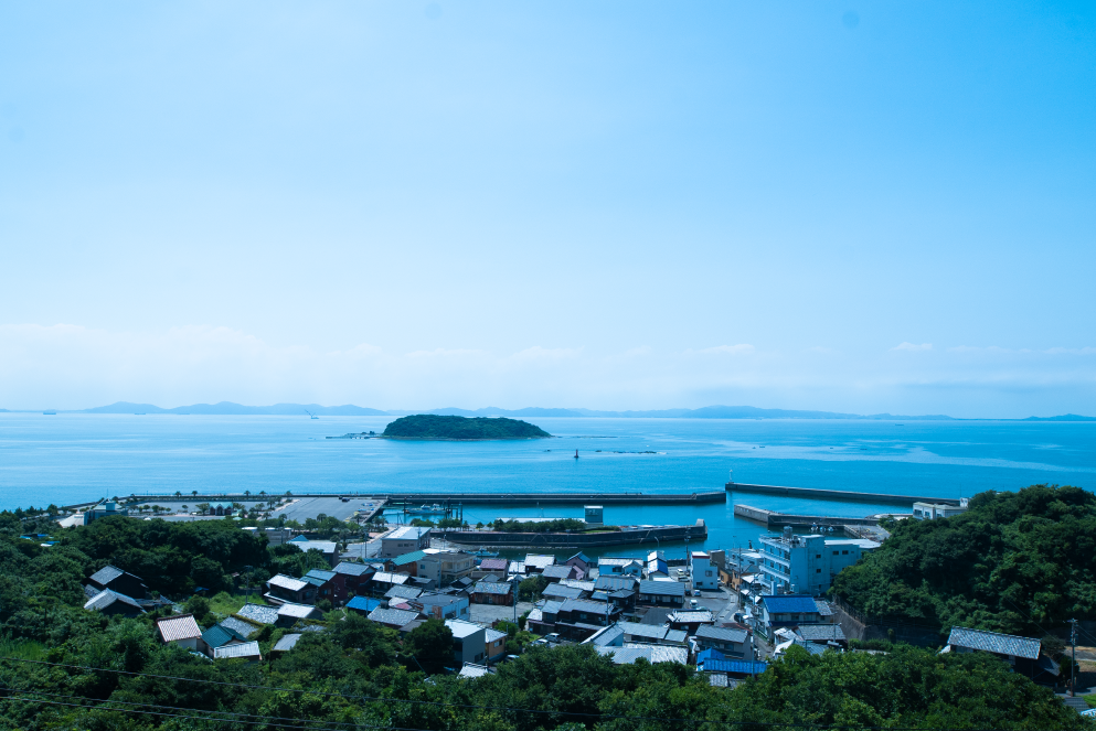 海味料理 マルトラ別館 — 愛知・西尾市吉良町 · 高台の客室から見下ろす宮崎漁港と三河湾の小島