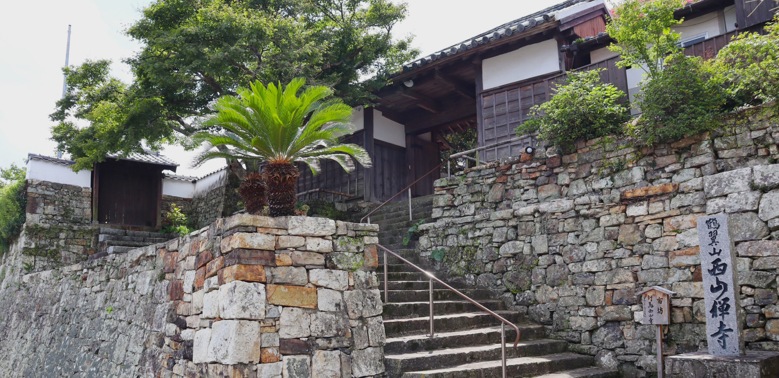 宿坊 対馬 西山寺 — 長崎県対馬市厳原町国分 · 対馬特有の石垣が積まれた参道と山門、亜熱帯のソテツが並ぶ高台の入口
